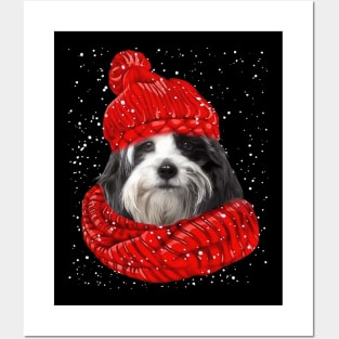 Tibetan Terrier Wearing Red Hat And Scarf Christmas Posters and Art